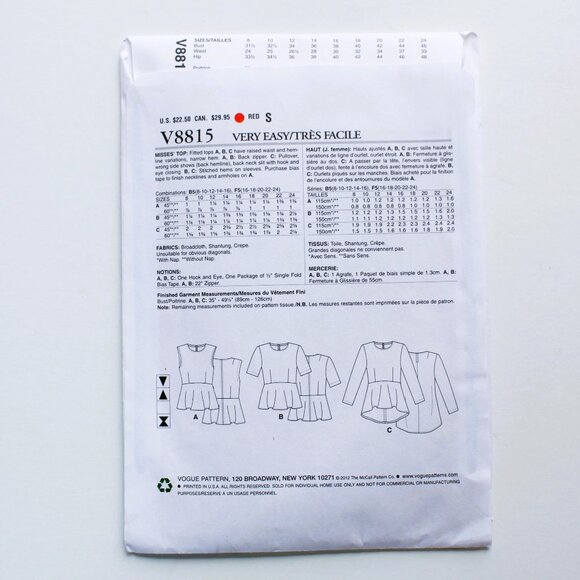 Vintage Vogue Sewing Pattern V8815 Peplum Tops 16-18-22-24 F5 Very Easy 2012 - Picture 3 of 4